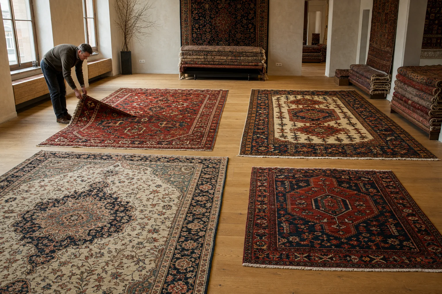 Persian and Oriental rugs in a showroom