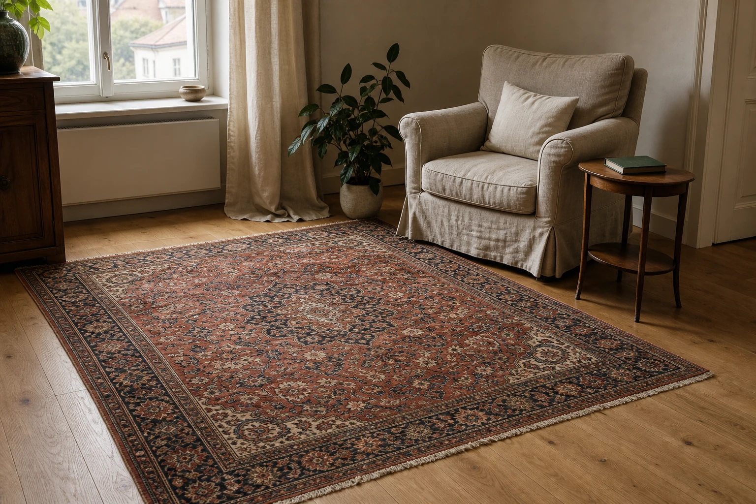 A well-maintained hand-knotted Persian rug as a lasting part of a calm home interior