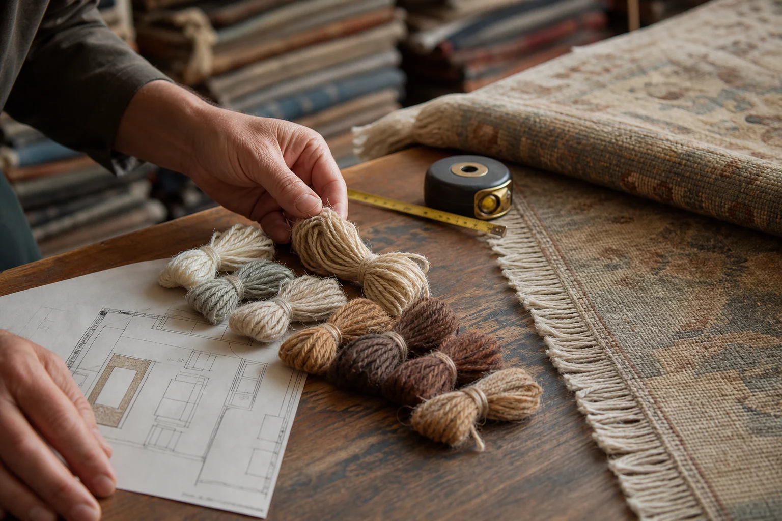 Wool samples, a room sketch, measuring tape and a hand-knotted rug detail used when planning a custom-made rug