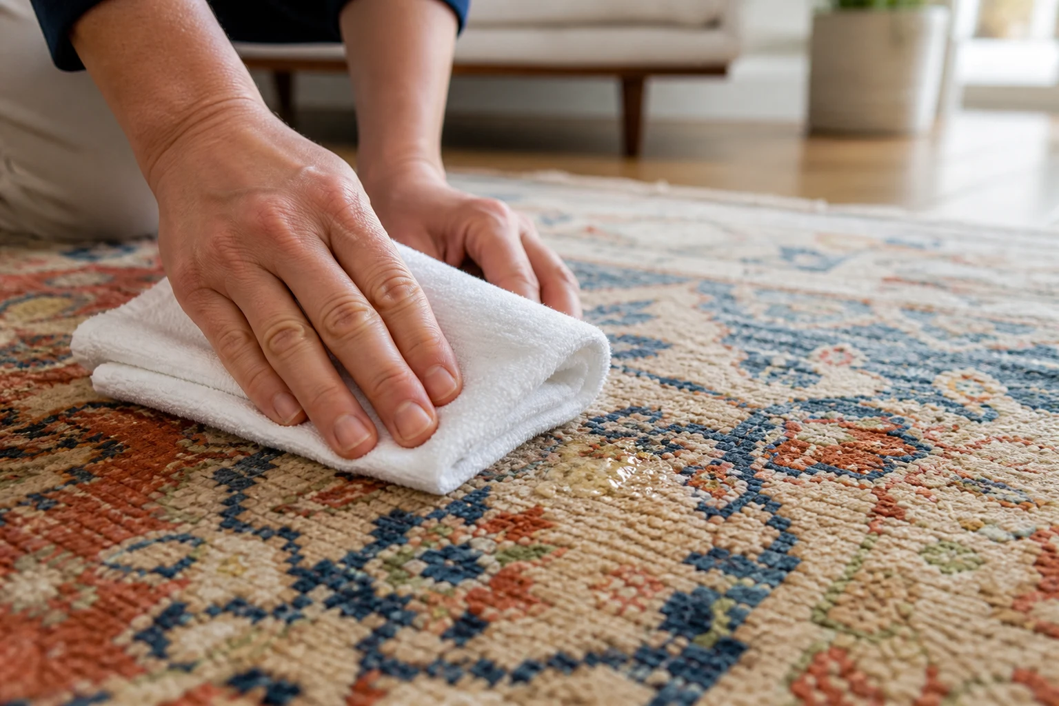 A clean white cotton towel gently blots spilled water from a hand-knotted rug without rubbing