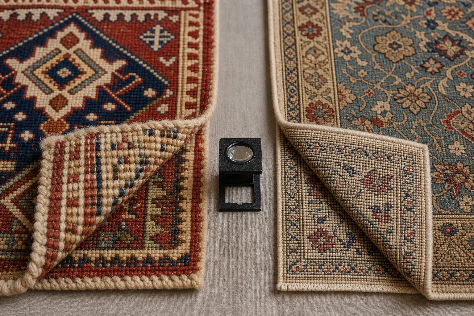 Two well-made hand-knotted samples of different densities: robust geometric weaving and fine floral drawing