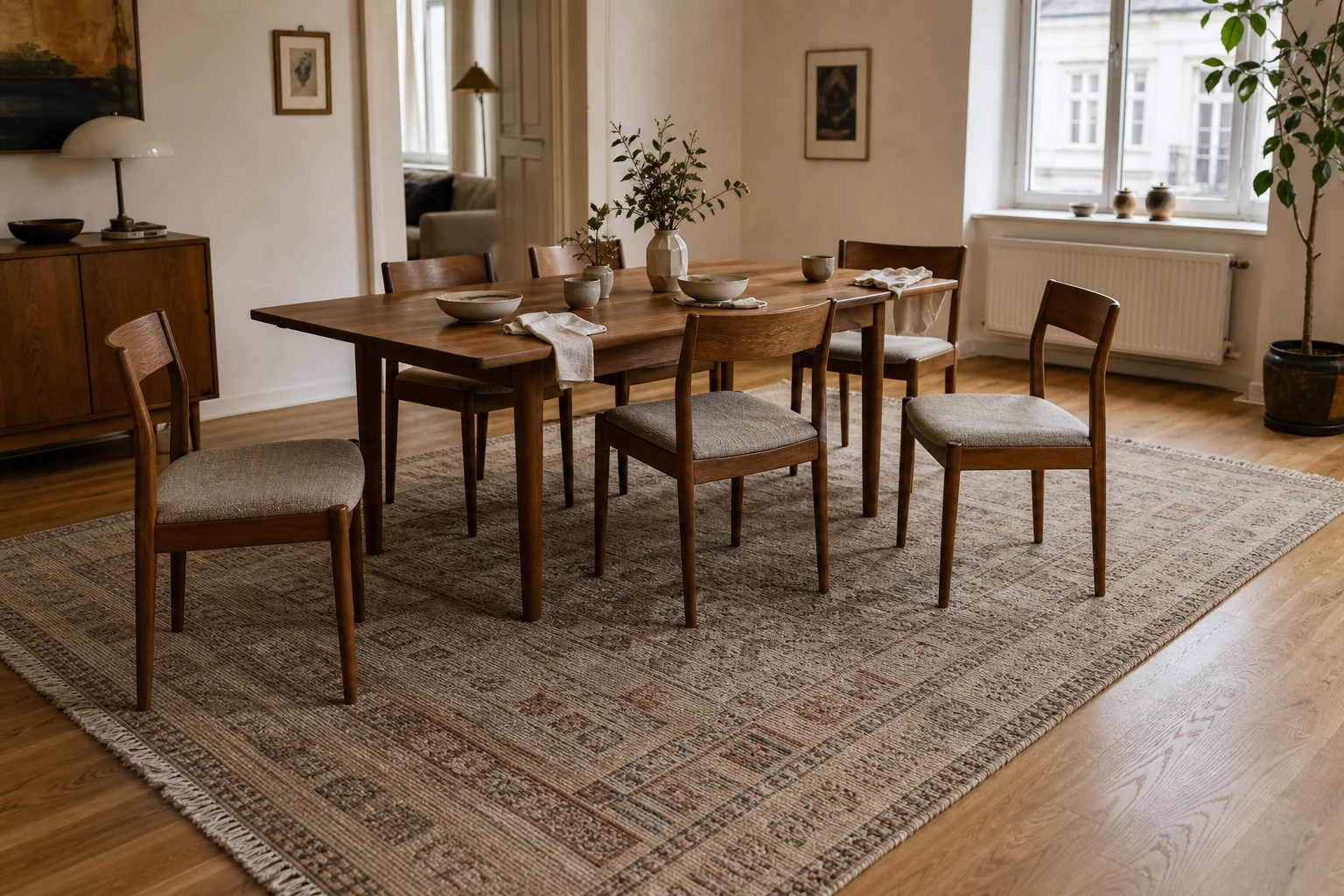 A generously sized low-pile rug beneath a dining table keeps every leg of the pulled-back chairs safely on its surface