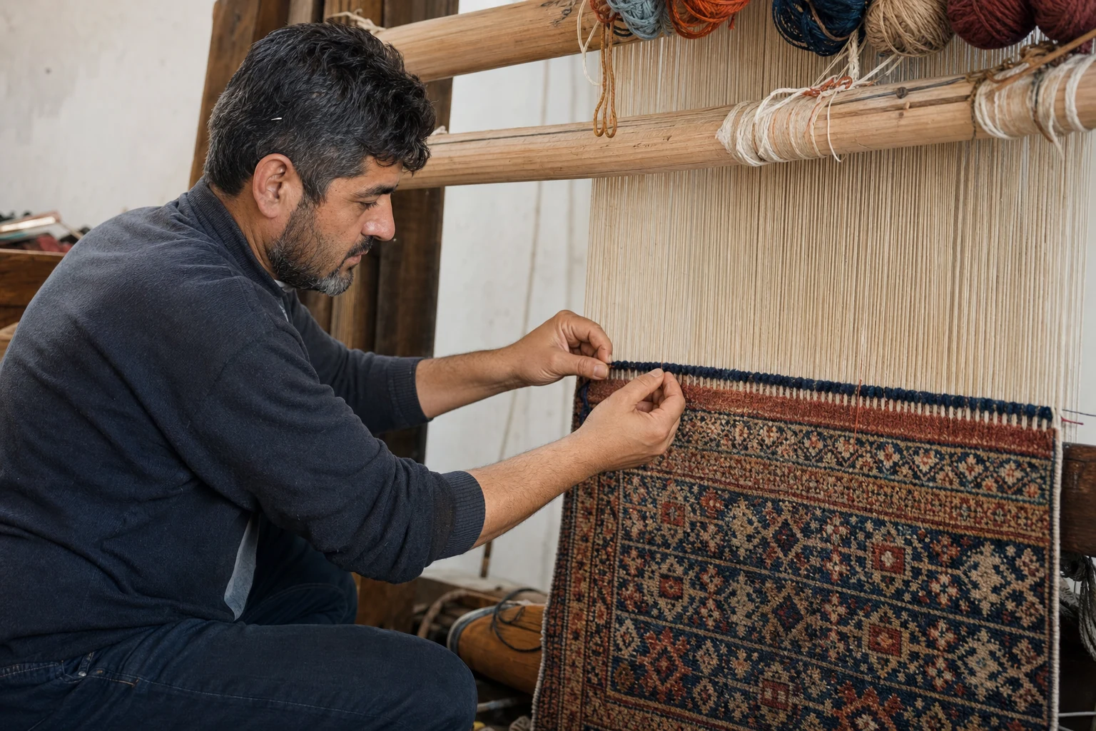 An artisan tying a row of wool pile knots onto the tensioned warp of a traditional rug on a vertical loom