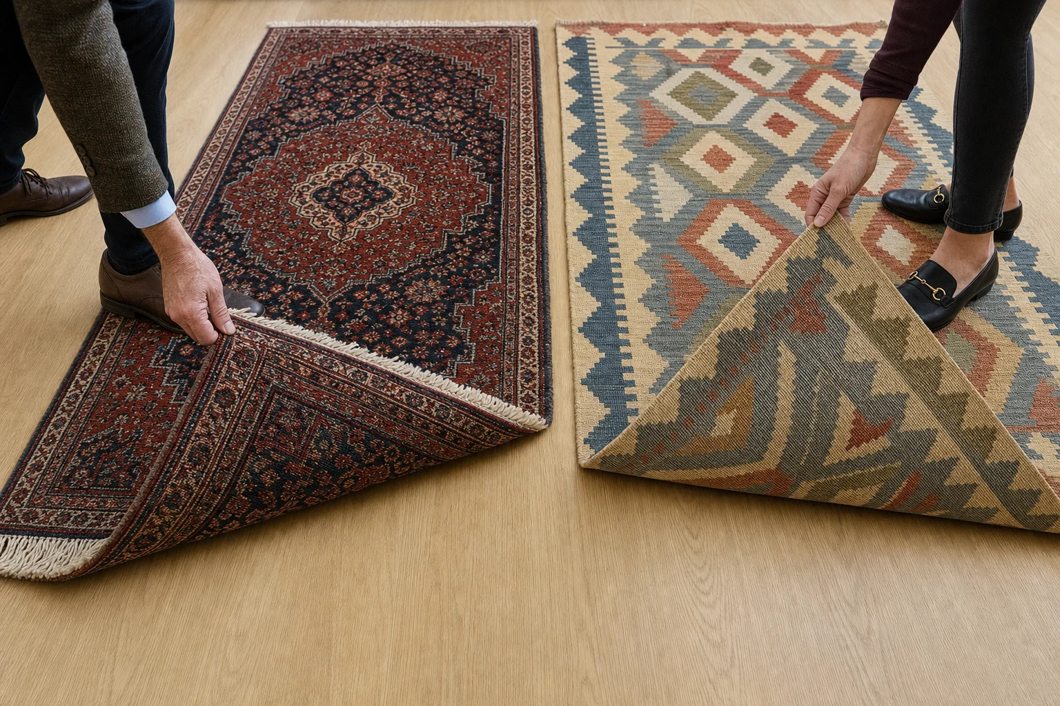 A showroom comparison of the reverse and thickness of a hand-knotted pile rug and a thin reversible kilim flatweave