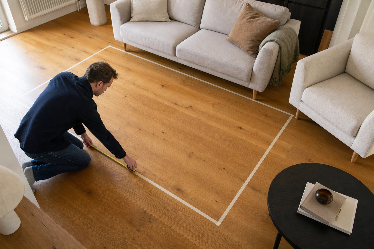 A man uses paper tape and a measuring tape to mark the planned outline of a large rug in front of a sofa and armchair