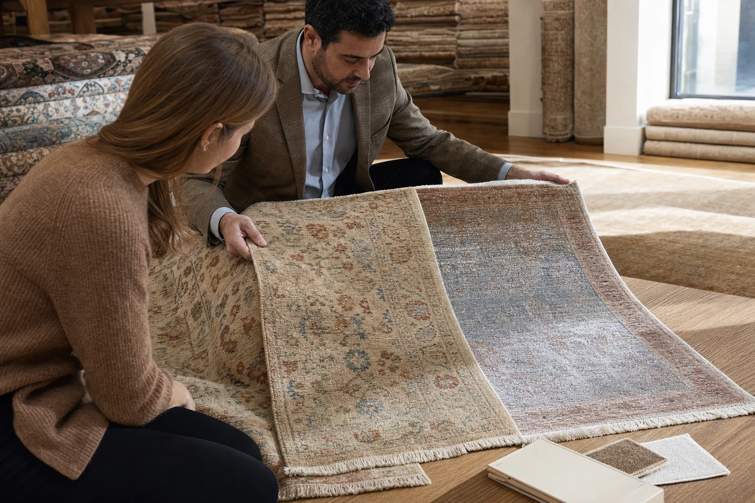 How can I tell if a rug is made of wool or silk?