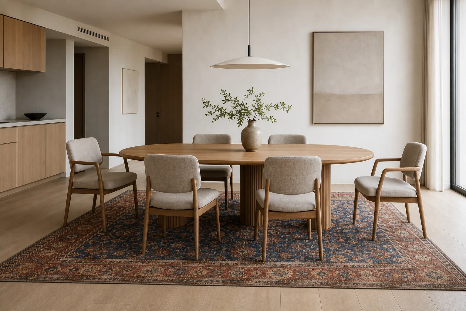 A correctly sized hand-knotted rug beneath a modern dining table with ample room for chairs to be pulled out