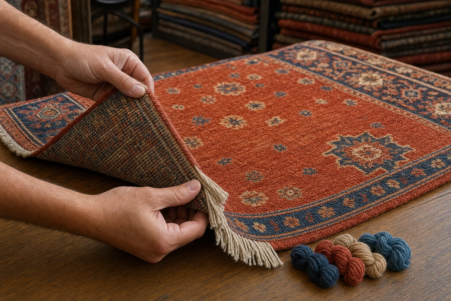 Close detail of a hand-knotted rug showing reverse, fringe, wool yarn samples and subtle colour variation