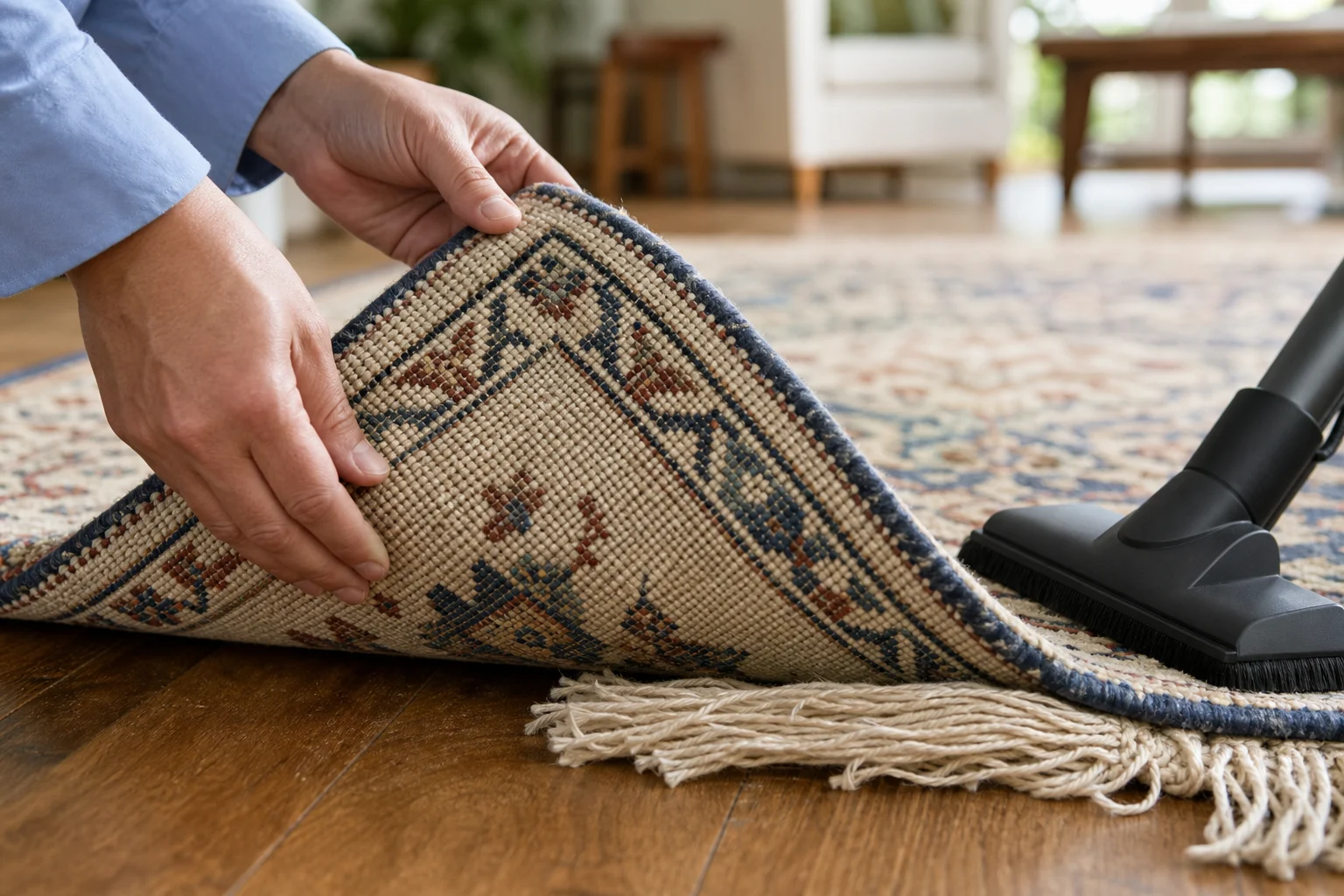 Close detail of checking the reverse, fringe and gentle vacuuming of a hand-knotted wool rug